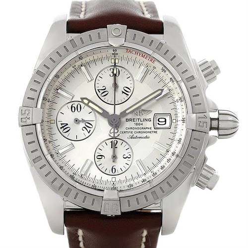 The image shows a frontal view of the Breitling Chronomat A13356 Men's Stainless Steel Silver Dial A13356 Men's Stainless Steel Silver Dial watch, including its dial, sub-dials, bezel, and leather strap.