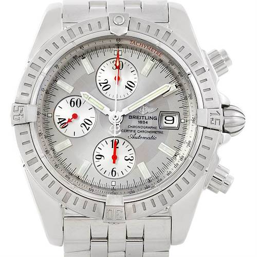 This image shows a frontal view of a Breitling Chronomat A13356 Men's Stainless Steel Silver Dial A13356 Men's Stainless Steel Silver Dial watch, highlighting the dial, subdials, bezel, crown, and bracelet.