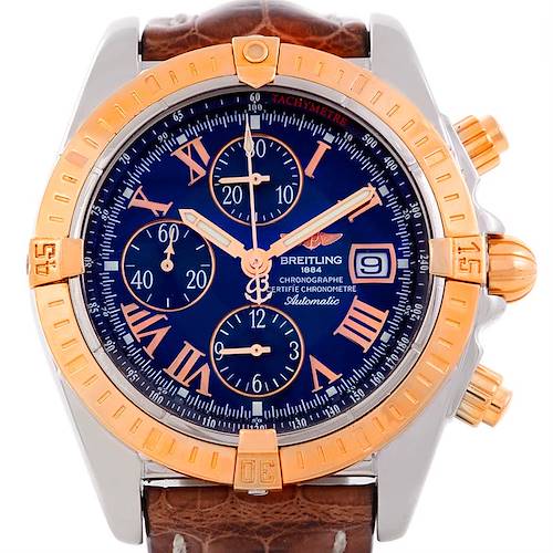 This image shows a front view of the Breitling Chronomat C13356 Men's Steel and Gold (two tone) Blue Dial C13356 Men's Steel and Gold (two tone) Blue Dial watch, highlighting its face, bezel, pushers, and leather strap.