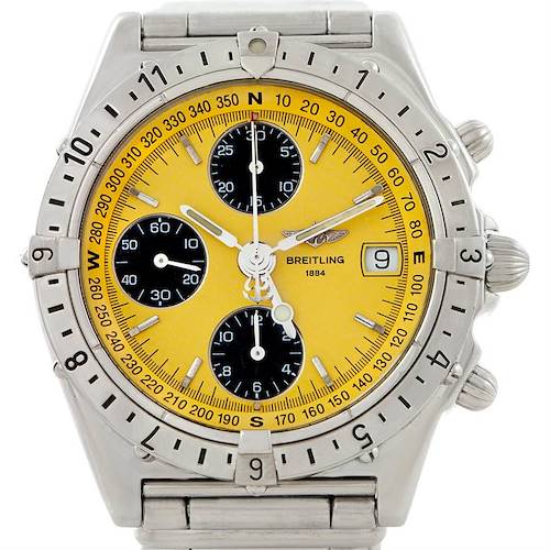 This image shows a front view of the Breitling Chronomat A20048 Men's Stainless Steel Yellow Dial A20048 Men's Stainless Steel Yellow Dial watch, highlighting its yellow dial, chronograph subdials, and date window.