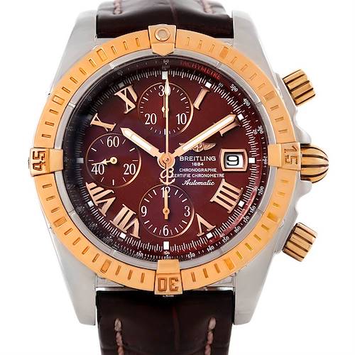 This Breitling Chronomat C13356 Men's Steel and Gold (two tone) Burgundy Dial C13356 Men's Steel and Gold (two tone) Burgundy Dial watch is shown from the front, displaying its dial, bezel, case, and leather strap.