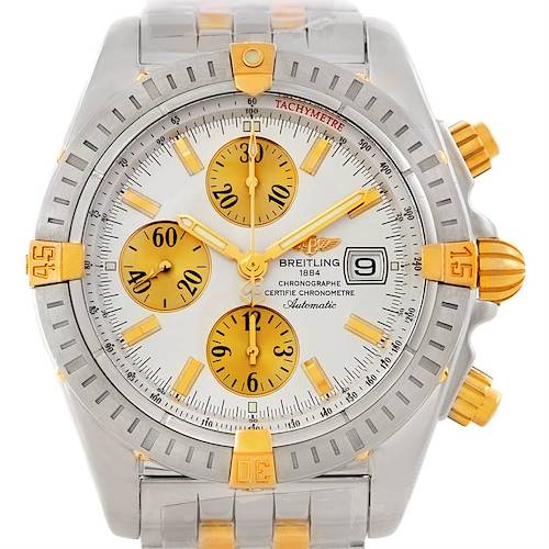 The image shows a front view of the Breitling Chronomat B13356 Men's Steel and Gold (two tone) Silver Dial B13356 Men's Steel and Gold (two tone) Silver Dial watch, highlighting the dial, sub-dials, bezel, crown, and bracelet.