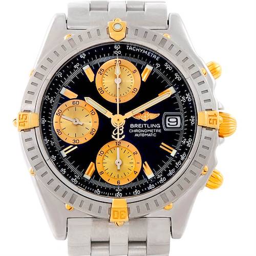 This is a close-up front view of a Breitling Chronomat B13352 Men's Steel and Gold (two tone) Black Dial B13352 Men's Steel and Gold (two tone) Black Dial watch, showing the dial, subdials, date window, bezel, and bracelet.