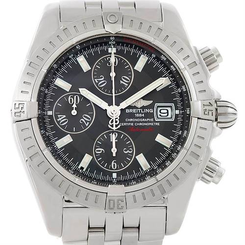 The image shows a frontal view of a Breitling Chronomat A13356 Men's Stainless Steel Grey Dial A13356 Men's Stainless Steel Grey Dial watch, highlighting its dial, sub-dials, bezel, and date window.