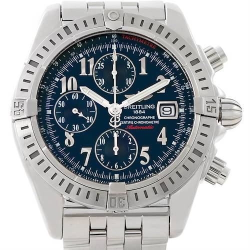 The image shows a front view of a Breitling Chronomat A13356 Men's Stainless Steel Grey Dial A13356 Men's Stainless Steel Grey Dial watch, highlighting its dial, bezel, and chronograph subdials.