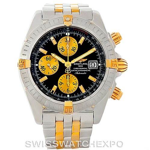 This image shows a frontal view of a Breitling Chronomat B13356 Men's Steel and Gold (two tone) Black Dial B13356 Men's Steel and Gold (two tone) Black Dial watch, highlighting its bezel, dial, subdials, crown, and bracelet.
