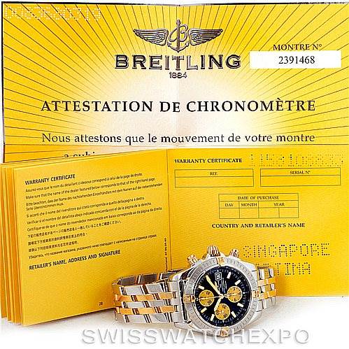 The image shows a Breitling Chronomat B13356 Men's Steel and Gold (two tone) Black Dial B13356 Men's Steel and Gold (two tone) Black Dial watch with a metal band, and its warranty certificates in the background.
