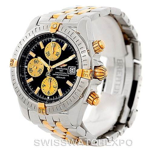 This image shows a Breitling Chronomat B13356 Men's Steel and Gold (two tone) Black Dial B13356 Men's Steel and Gold (two tone) Black Dial watch at a slight angle, highlighting its bezel, dial, and bracelet with gold accents.