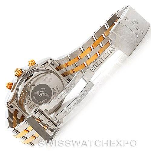 This image shows the back and bracelet of the Breitling Chronomat B13356 Men's Steel and Gold (two tone) Black Dial B13356 Men's Steel and Gold (two tone) Black Dial watch at an angled rear view.