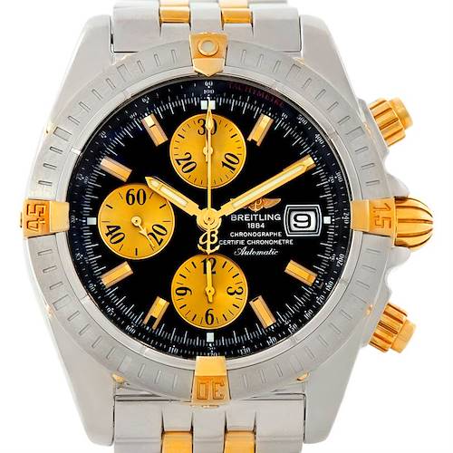 The image shows a front view of a Breitling Chronomat B13356 Men's Steel and Gold (two tone) Black Dial B13356 Men's Steel and Gold (two tone) Black Dial watch, highlighting its dial, bezel, and chronograph subdials.