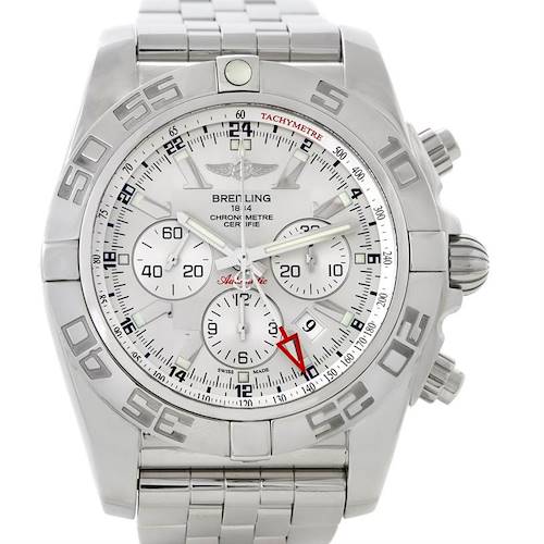 The image shows a front view of a Breitling Chronomat AB0410 Men's Stainless Steel Silver Dial AB0410 Men's Stainless Steel Silver Dial watch, showcasing its dial, bezel, crown, and part of the bracelet.