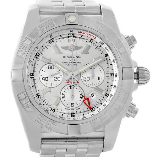 This image shows a front view of the Breitling Chronomat AB0410 Men's Stainless Steel Silver Dial AB0410 Men's Stainless Steel Silver Dial watch, featuring its dial, bezel, and bracelet.