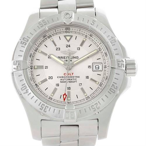 The Breitling Colt A17380 Men's Stainless Steel Silver Dial A17380 Men's Stainless Steel Silver Dial watch is shown from the front, displaying the entire face, bezel, and part of the metal bracelet.