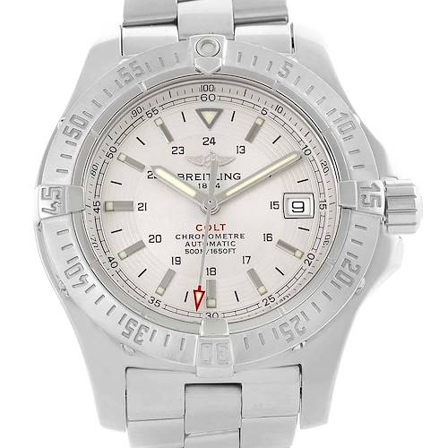 The image shows a front view of a Breitling Colt A17380 Men's Stainless Steel Silver Dial A17380 Men's Stainless Steel Silver Dial watch, highlighting the dial, bezel, hands, date window, and bracelet.