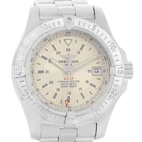 The image shows a front view of the Breitling Colt A17380 Men's Stainless Steel Silver Dial A17380 Men's Stainless Steel Silver Dial watch, highlighting its dial, bezel, case, and part of the bracelet.