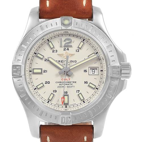 This is a frontal view of the Breitling Colt A17313 Men's Stainless Steel Silver Dial A17313 Men's Stainless Steel Silver Dial model watch, showing its dial, bezel, crown, and part of the leather strap.