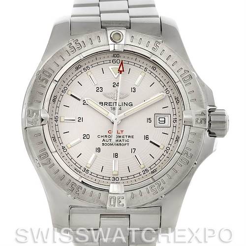 This Breitling Colt A17380 Men's Stainless Steel Silver Dial A17380 Men's Stainless Steel Silver Dial watch is shown from a front angle, displaying its dial, bezel, and stainless steel bracelet.