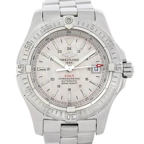 This image shows a frontal view of the Breitling Colt A17380 Stainless Steel Silver Dial A17380 Stainless Steel Silver Dial watch, highlighting its dial, bezel, and bracelet.