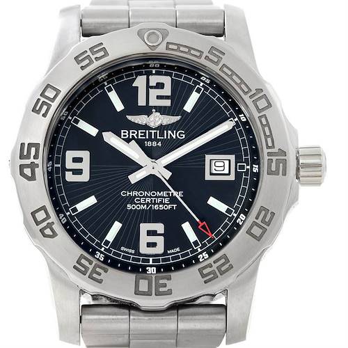 The Breitling Colt A74387 Men's Stainless Steel Black Dial A74387 Men's Stainless Steel Black Dial watch is shown from a top-down angle, featuring its dial, bezel, and part of the bracelet.