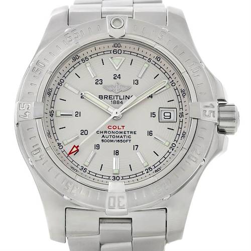 The image shows a front view of the Breitling Colt A17380 Men's Stainless Steel Silver Dial A17380 Men's Stainless Steel Silver Dial watch, highlighting its dial, bezel, and bracelet.