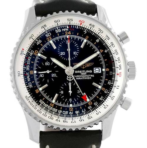 The image shows a front view of the Breitling Navitimer A24322 Men's Stainless Steel Black Dial A24322 Men's Stainless Steel Black Dial watch, displaying its dial, bezel, and chronograph sub-dials.