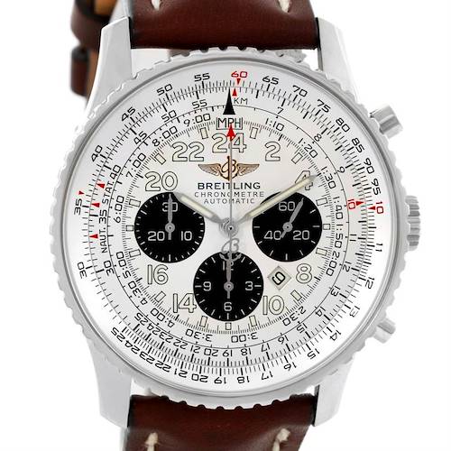The image shows a front view of a Breitling Navitimer A22322 Men's Stainless Steel Silver Dial A22322 Men's Stainless Steel Silver Dial watch with a detailed face and a brown leather strap.