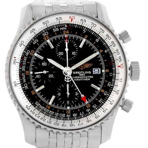The image shows a front view of a Breitling Navitimer A24322 Men's Stainless Steel Black Dial A24322 Men's Stainless Steel Black Dial watch displaying the dial, bezel, and part of the bracelet.