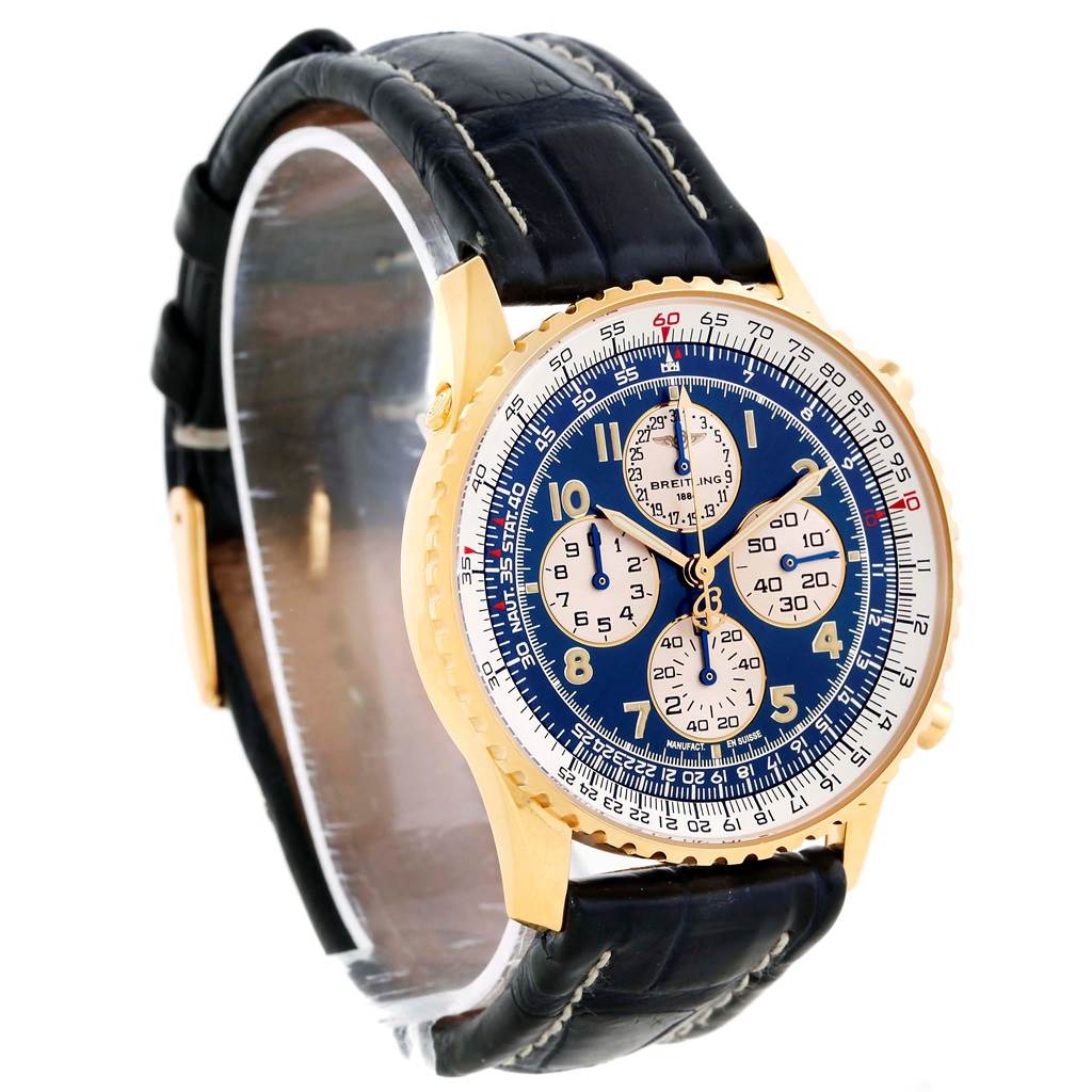 This image shows a Breitling Navitimer K33030 Men's Yellow Gold Blue Dial K33030 Men's Yellow Gold Blue Dial watch at a front-left angle, highlighting the blue dial, gold case, and black leather strap.