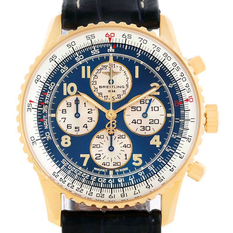 This image shows a front view of the Breitling Navitimer K33030 Men's Yellow Gold Blue Dial K33030 Men's Yellow Gold Blue Dial watch, displaying its face, dials, and bezel.