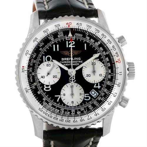 The image shows a frontal view of a Breitling Navitimer A23322 Men's Stainless Steel Black Dial A23322 Men's Stainless Steel Black Dial watch, highlighting its dial, subdials, bezel, and crown.