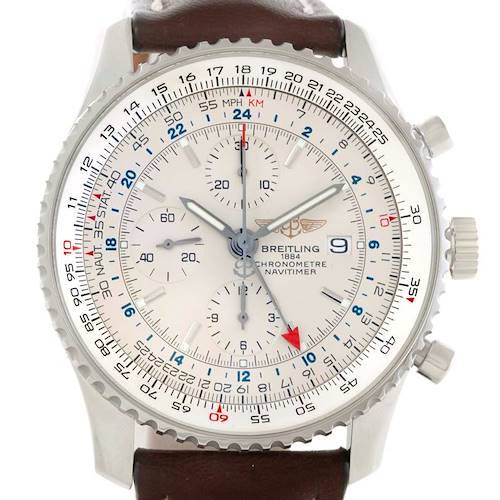 The image shows a front view of a Breitling Navitimer A24322 Men's Stainless Steel Silver Dial A24322 Men's Stainless Steel Silver Dial watch, showcasing its dial, bezel, and brown leather strap.