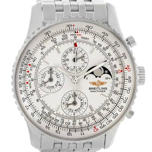 The image shows a front view of a Breitling Navitimer A19340 Men's Stainless Steel Silver Dial A19340 Men's Stainless Steel Silver Dial watch, displaying its detailed dial and chronograph features.