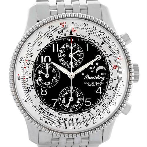 The image shows a front view of the Breitling Navitimer A19350 Men's Stainless Steel Silver Dial A19350 Men's Stainless Steel Silver Dial Montbrillant Olympus watch, highlighting its bezel, dial, and sub-dials.