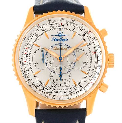 The image shows a frontal view of the Breitling Navitimer H30030 Men's Yellow Gold Silver Dial H30030 Men's Yellow Gold Silver Dial watch, highlighting its dial, subdials, bezel, and strap.