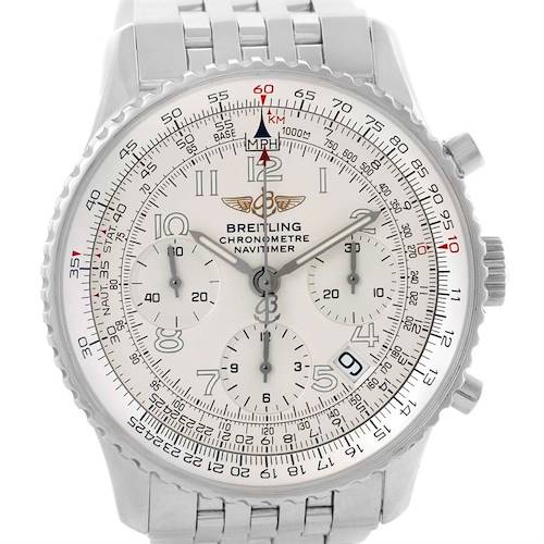 The image shows a front view of the Breitling Navitimer A23322 Men's Stainless Steel Silver Dial A23322 Men's Stainless Steel Silver Dial chronometer watch, displaying its intricate dial and bezel.
