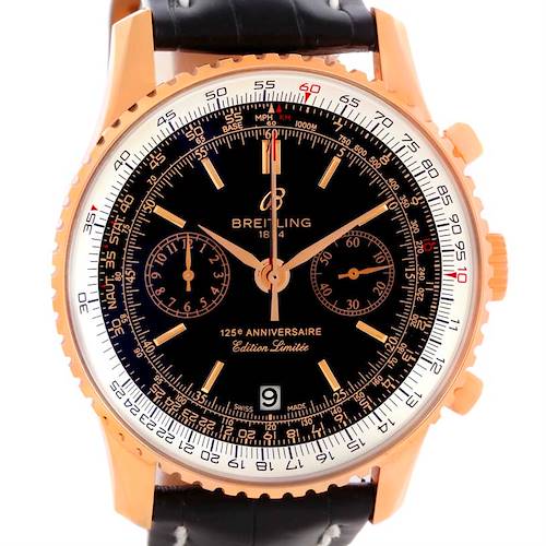 The image shows a front view of a Breitling Navitimer R26322 Men's Rose Gold Black Dial R26322 Men's Rose Gold Black Dial watch, displaying the dial, sub-dials, and bezel.