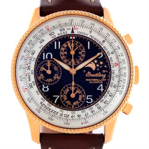 The image shows a frontal view of a Breitling Navitimer H19350 Men's Rose Gold Silver Dial H19350 Men's Rose Gold Silver Dial watch, clearly displaying the dial, subdials, bezel, and part of the leather strap.
