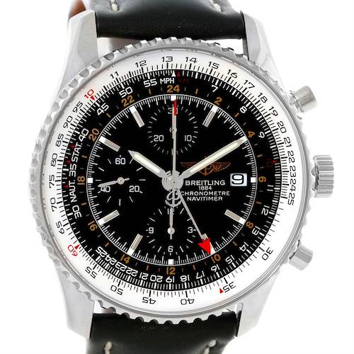 This Breitling Navitimer A24322 Men's Stainless Steel Black Dial A24322 Men's Stainless Steel Black Dial watch is shown from a front angle, highlighting the dial, bezel, crown, and chronograph pushers.