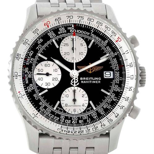 The Breitling Navitimer A13330 Men's Stainless Steel Black Dial A13330 Men's Stainless Steel Black Dial watch is shown from the front, displaying its round dial, subdials, bezel, and date window.