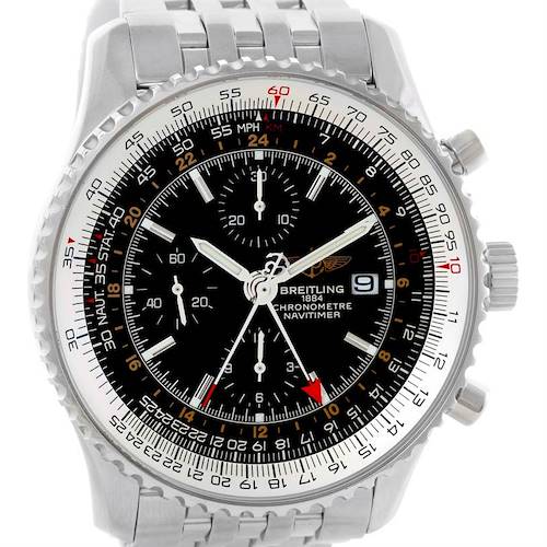 The Breitling Navitimer A24322 Men's Stainless Steel Black Dial A24322 Men's Stainless Steel Black Dial watch is shown from the front, highlighting its stainless steel bracelet, black dial, and chronograph features.