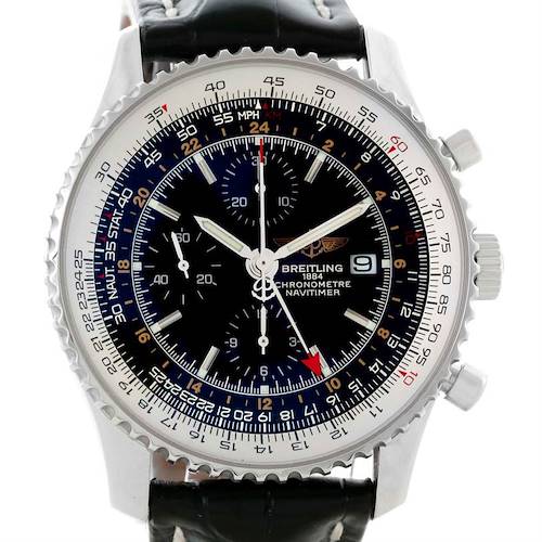 The image shows a front view of the Breitling Navitimer A24322 Men's Stainless Steel Black Dial A24322 Men's Stainless Steel Black Dial watch with its dial, bezel, crown, and pushers clearly visible.
