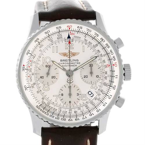 The Breitling Navitimer A23322 Men's Stainless Steel Silver Dial A23322 Men's Stainless Steel Silver Dial watch is shown from a frontal view, displaying the dial, bezel, subdials, and part of the leather strap.