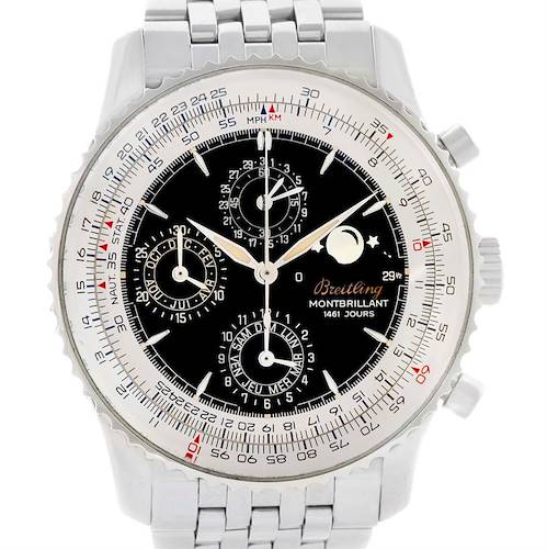 The image shows a front view of the Breitling Navitimer A19030 Men's Stainless Steel Black Dial A19030 Men's Stainless Steel Black Dial watch, featuring its face, bezel, and metal bracelet.