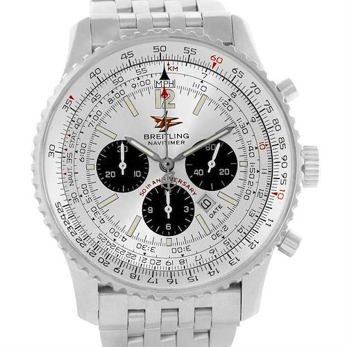 The Breitling Navitimer A41322 Men's Stainless Steel Silver Dial A41322 Men's Stainless Steel Silver Dial watch is shown from the front, displaying the dial, bezel, and part of the metal bracelet.