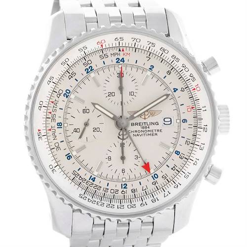 The image shows a front view of a Breitling Navitimer A24322 Men's Stainless Steel Silver Dial A24322 Men's Stainless Steel Silver Dial watch displaying the dial and bezel.