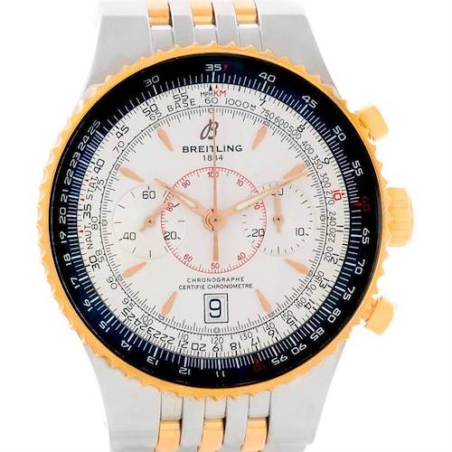 This image shows a Breitling Navitimer C23340 Men's Steel and Gold (two tone) Silver Dial C23340 Men's Steel and Gold (two tone) Silver Dial watch from a front angle, highlighting the dial and bezel.