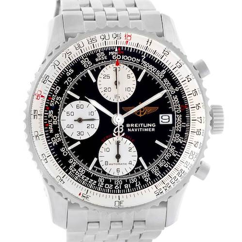 The image shows a front view of a Breitling Navitimer A13330 Men's Stainless Steel Black Dial A13330 Men's Stainless Steel Black Dial watch, displaying its dial, subdials, bezel, and crown.