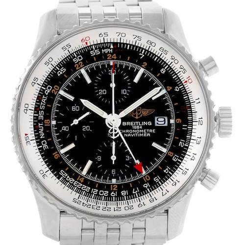 The image shows a front view of a Breitling Navitimer A24322 Men's Stainless Steel Black Dial A24322 Men's Stainless Steel Black Dial watch, highlighting its dial, chronograph subdials, bezel, and bracelet.