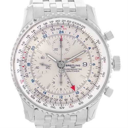 This image shows a front view of the Breitling Navitimer A24322 Men's Stainless Steel Silver Dial A24322 Men's Stainless Steel Silver Dial watch, including the dial, bezel, and part of the bracelet.