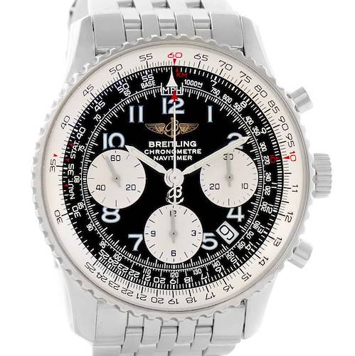 The image shows a close-up front view of the Breitling Navitimer A23322 Men's Stainless Steel Black Dial A23322 Men's Stainless Steel Black Dial watch, highlighting its dial and bracelet.
